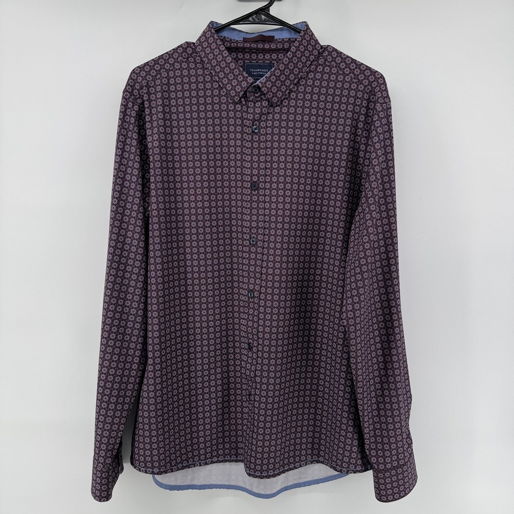 7 Diamonds Shirt Mens Large Red Geometric 4 Way Stretch Long Sleeve Button Up